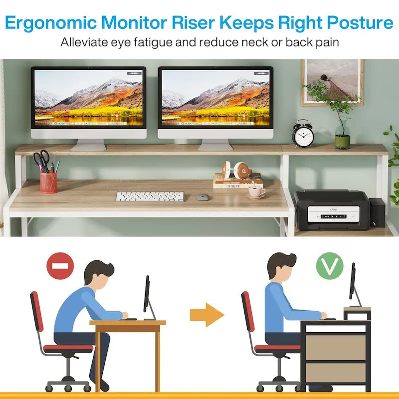 63 Computer Desk with Monitor Stand, Ergonomic Home Office Desks with Drawers File Cabinet