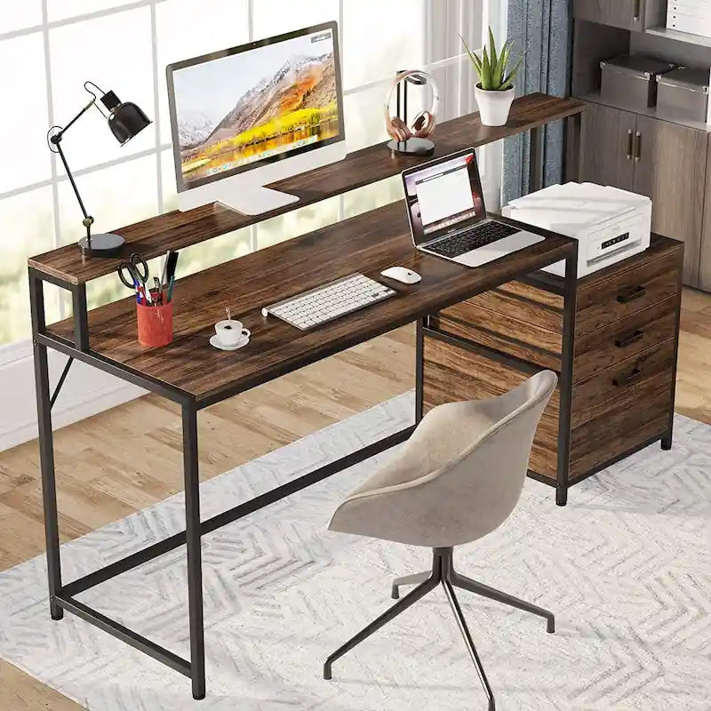 63 Computer Desk with Monitor Stand, Ergonomic Home Office Desks with Drawers File Cabinet