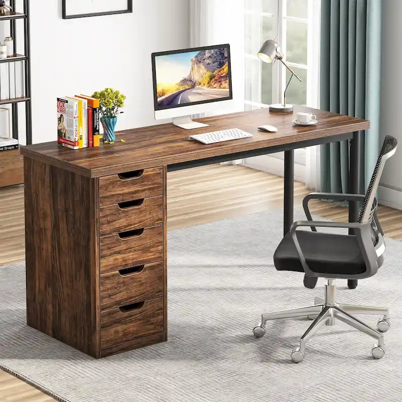 47-inch Computer Desk with 5-drawer, Wood and Metal Writing Desk for Study Living Room