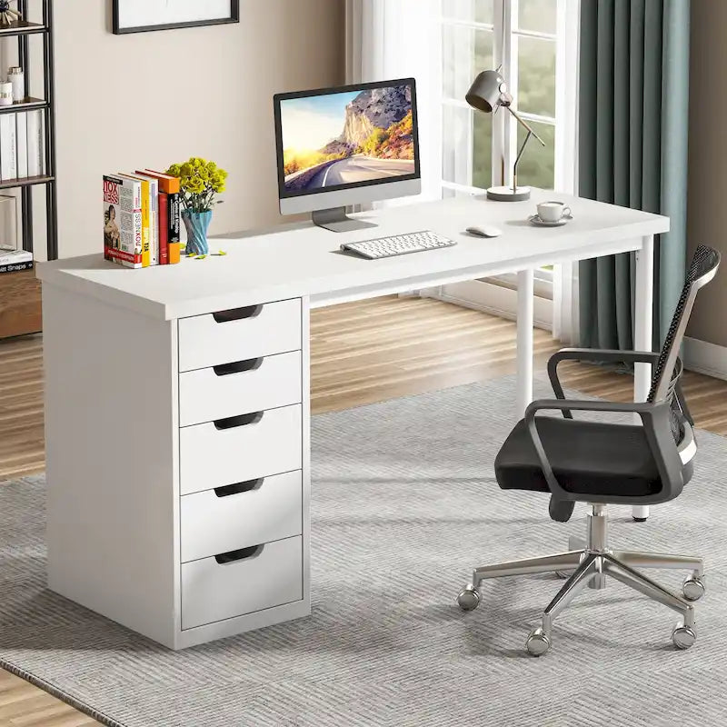 47-inch Computer Desk with 5-drawer, Wood and Metal Writing Desk for Study Living Room