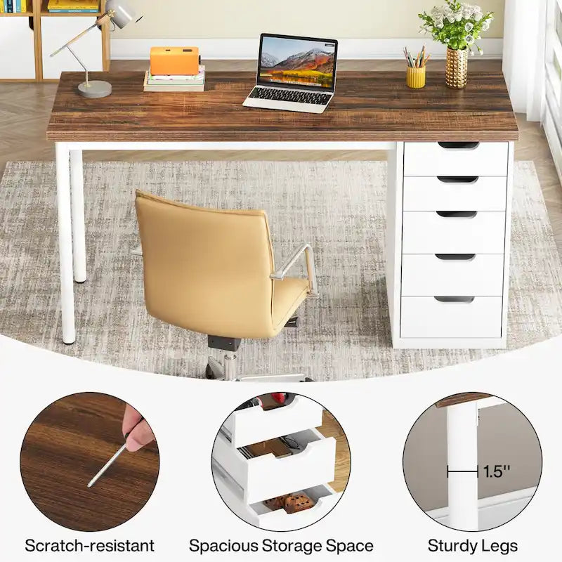 47-inch Computer Desk with 5-drawer, Wood and Metal Writing Desk for Study Living Room