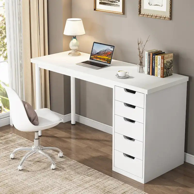 47-inch Computer Desk with 5-drawer, Wood and Metal Writing Desk for Study Living Room