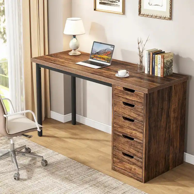 47-inch Computer Desk with 5-drawer, Wood and Metal Writing Desk for Study Living Room