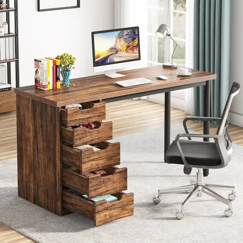 47-inch Computer Desk with 5-drawer, Wood and Metal Writing Desk for Study Living Room