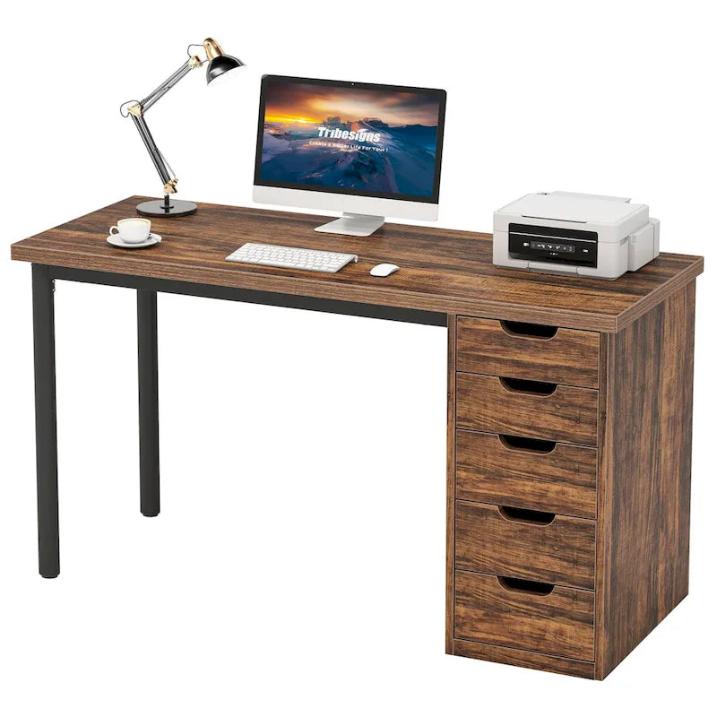 47-inch Computer Desk with 5-drawer, Wood and Metal Writing Desk for Study Living Room