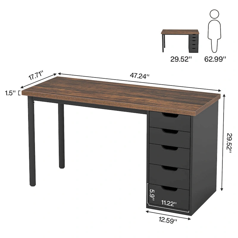 47-inch Computer Desk with 5-drawer, Wood and Metal Writing Desk for Study Living Room