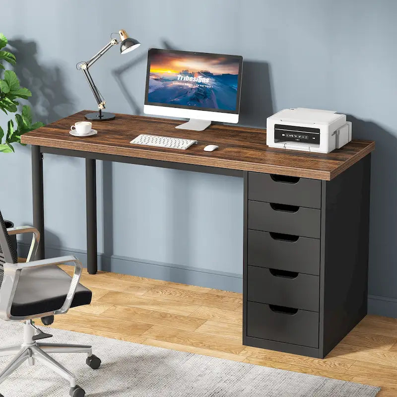 47-inch Computer Desk with 5-drawer, Wood and Metal Writing Desk for Study Living Room