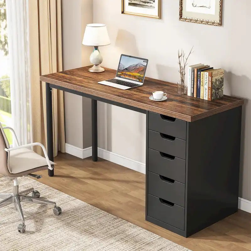 47-inch Computer Desk with 5-drawer, Wood and Metal Writing Desk for Study Living Room