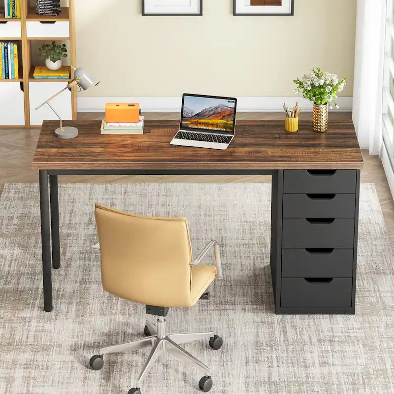 47-inch Computer Desk with 5-drawer, Wood and Metal Writing Desk for Study Living Room