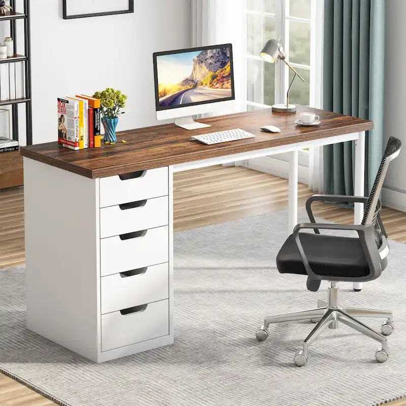 47-inch Computer Desk with 5-drawer, Wood and Metal Writing Desk for Study Living Room