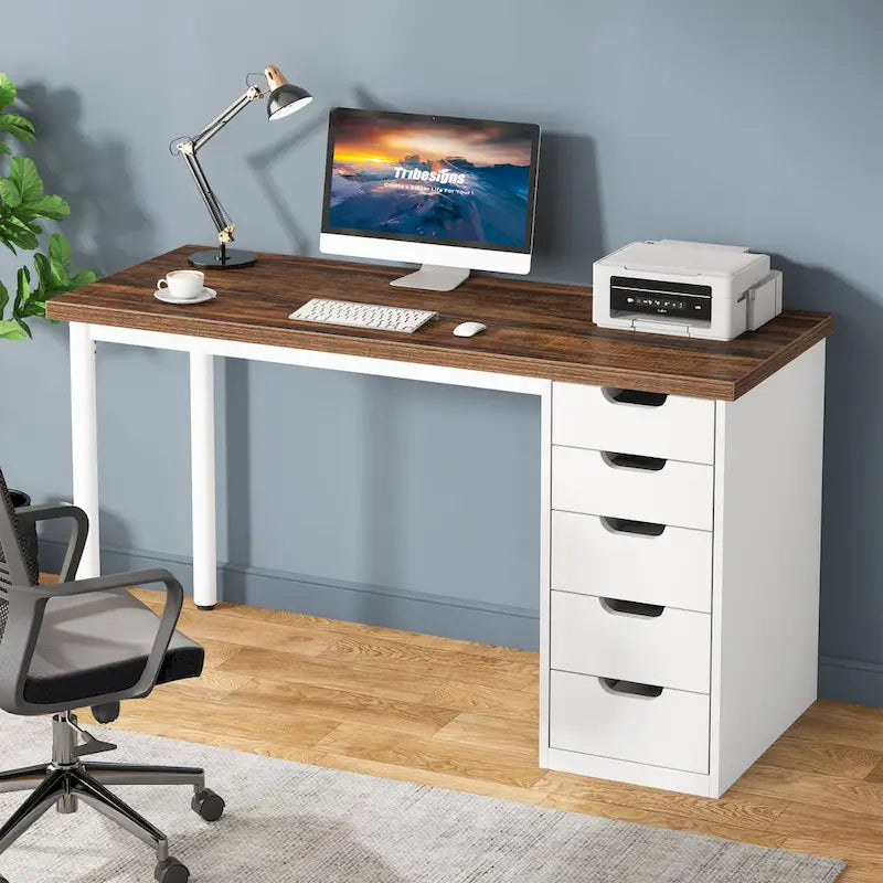 47-inch Computer Desk with 5-drawer, Wood and Metal Writing Desk for Study Living Room