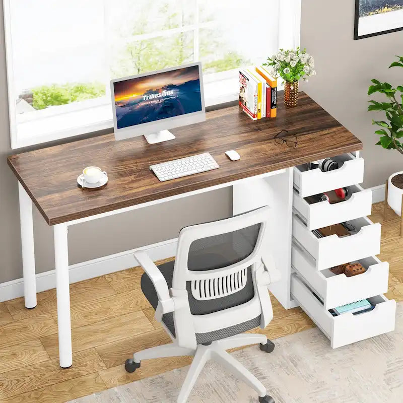 47-inch Computer Desk with 5-drawer, Wood and Metal Writing Desk for Study Living Room