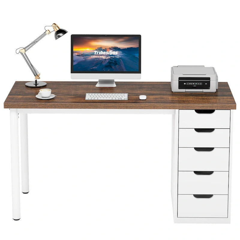 47-inch Computer Desk with 5-drawer, Wood and Metal Writing Desk for Study Living Room