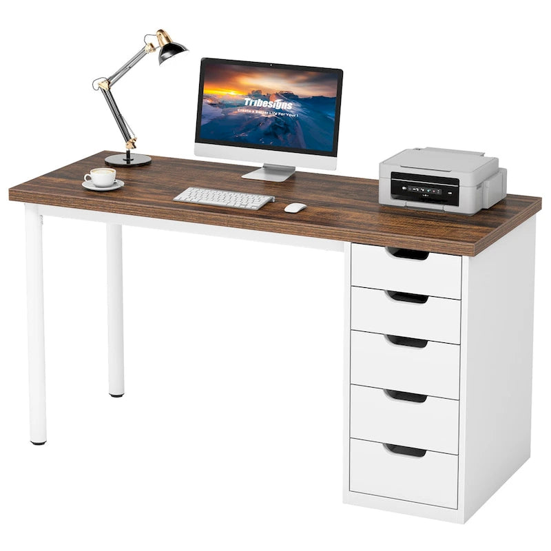 47-inch Computer Desk with 5-drawer, Wood and Metal Writing Desk for Study Living Room