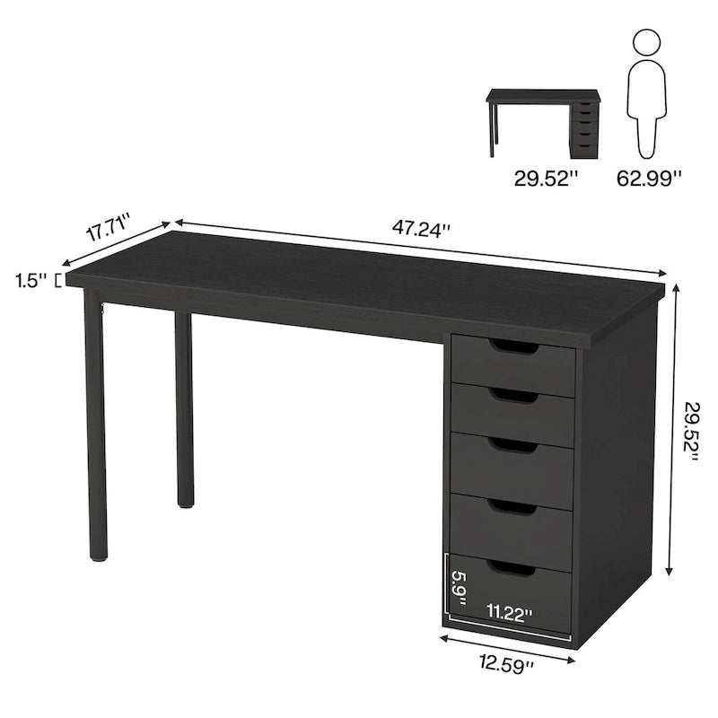 47-inch Computer Desk with 5-drawer, Wood and Metal Writing Desk for Study Living Room
