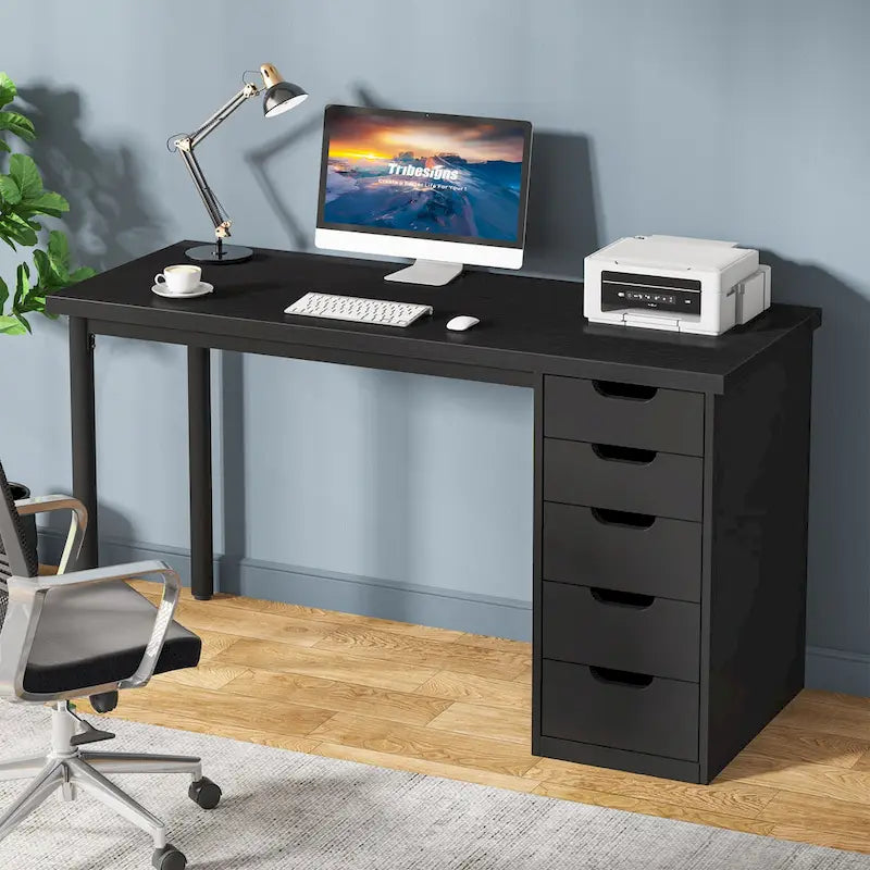 47-inch Computer Desk with 5-drawer, Wood and Metal Writing Desk for Study Living Room