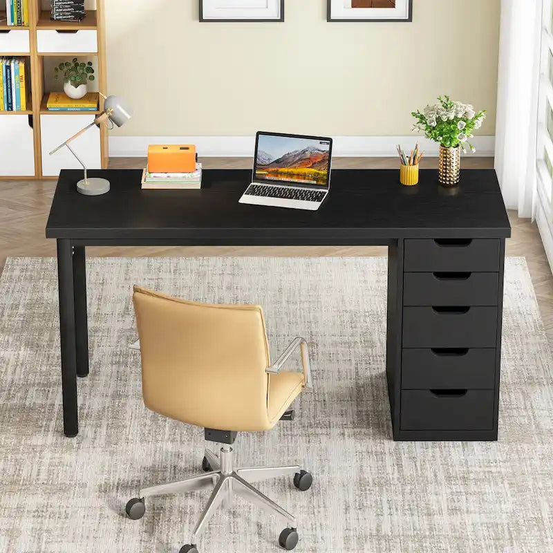 47-inch Computer Desk with 5-drawer, Wood and Metal Writing Desk for Study Living Room