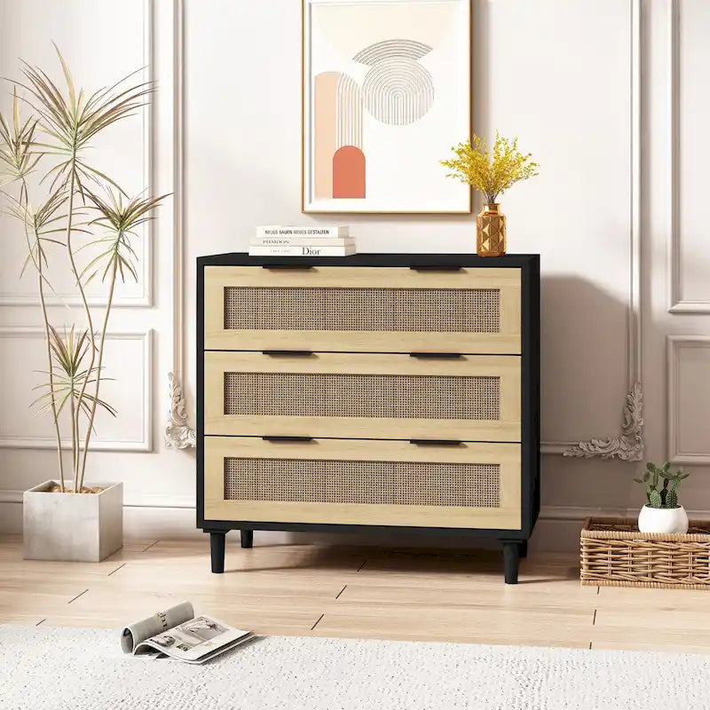 3-Drawers Rattan Storage Cabinet Rattan Drawer Dressers
