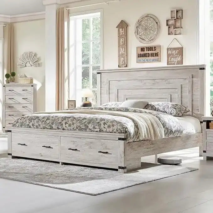 Farmhouse Queen Size Bed Frame w/ 54 Tall Headboard & 2 Large Drawers