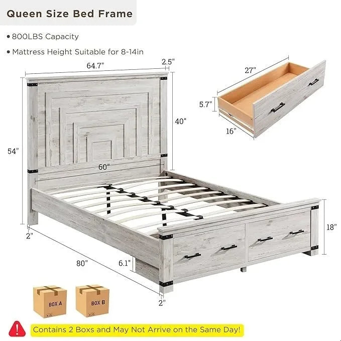 Farmhouse Queen Size Bed Frame w/ 54 Tall Headboard & 2 Large Drawers