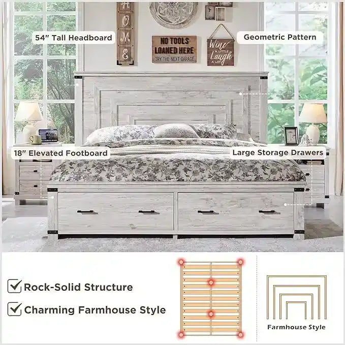 Farmhouse Queen Size Bed Frame w/ 54 Tall Headboard & 2 Large Drawers