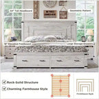 Farmhouse Queen Size Bed Frame w/ 54 Tall Headboard & 2 Large Drawers