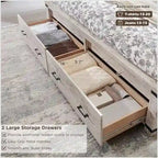 Farmhouse Queen Size Bed Frame w/ 54 Tall Headboard & 2 Large Drawers