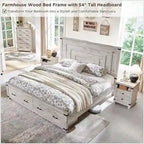 Farmhouse Queen Size Bed Frame w/ 54 Tall Headboard & 2 Large Drawers