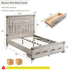Farmhouse Queen Size Bed Frame w/ 54 Tall Headboard & 2 Large Drawers