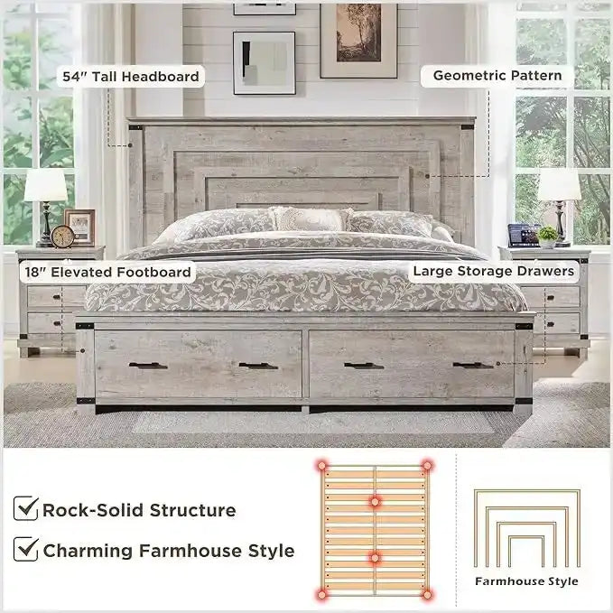 Farmhouse Queen Size Bed Frame w/ 54 Tall Headboard & 2 Large Drawers