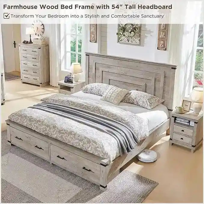 Farmhouse Queen Size Bed Frame w/ 54 Tall Headboard & 2 Large Drawers