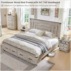 Farmhouse Queen Size Bed Frame w/ 54 Tall Headboard & 2 Large Drawers