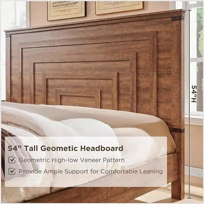 Farmhouse Queen Size Bed Frame w/ 54 Tall Headboard & 2 Large Drawers