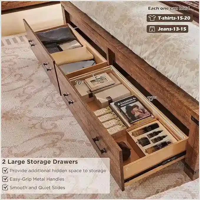 Farmhouse Queen Size Bed Frame w/ 54 Tall Headboard & 2 Large Drawers