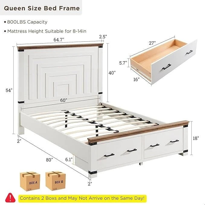 Farmhouse Queen Size Bed Frame w/ 54 Tall Headboard & 2 Large Drawers