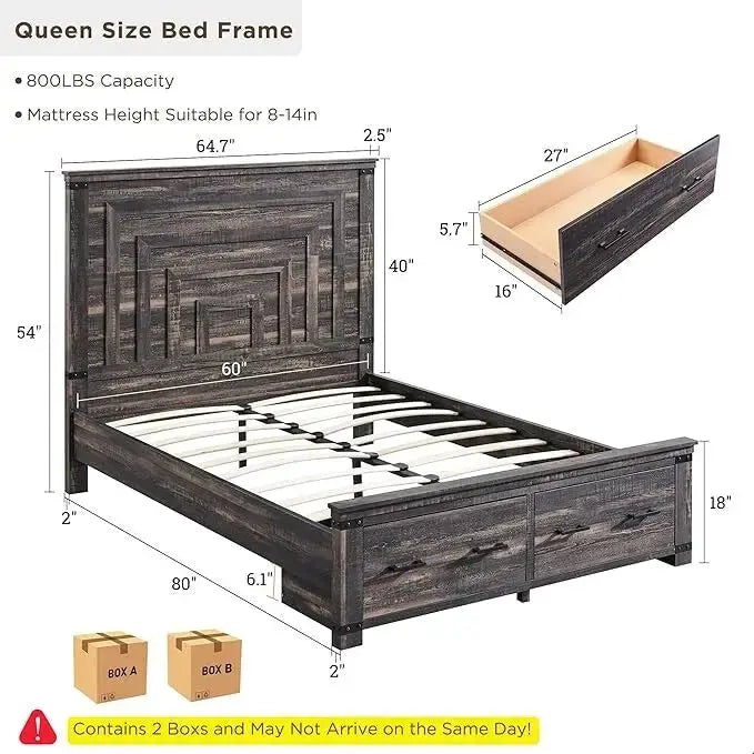 Farmhouse Queen Size Bed Frame w/ 54 Tall Headboard & 2 Large Drawers