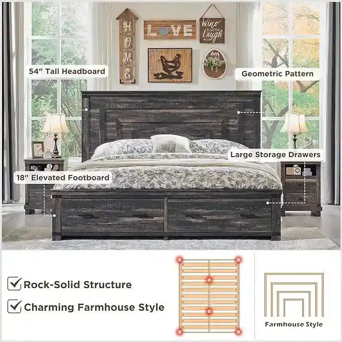 Farmhouse Queen Size Bed Frame w/ 54 Tall Headboard & 2 Large Drawers