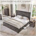 Farmhouse Queen Size Bed Frame w/ 54 Tall Headboard & 2 Large Drawers