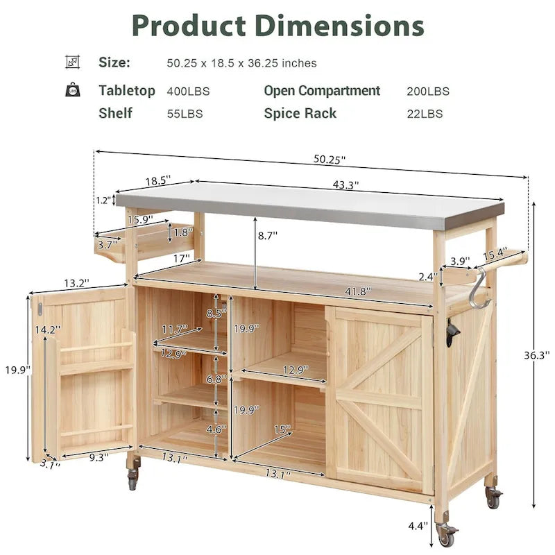 Outdoor kitchen island with rolling cart and stainless steel top