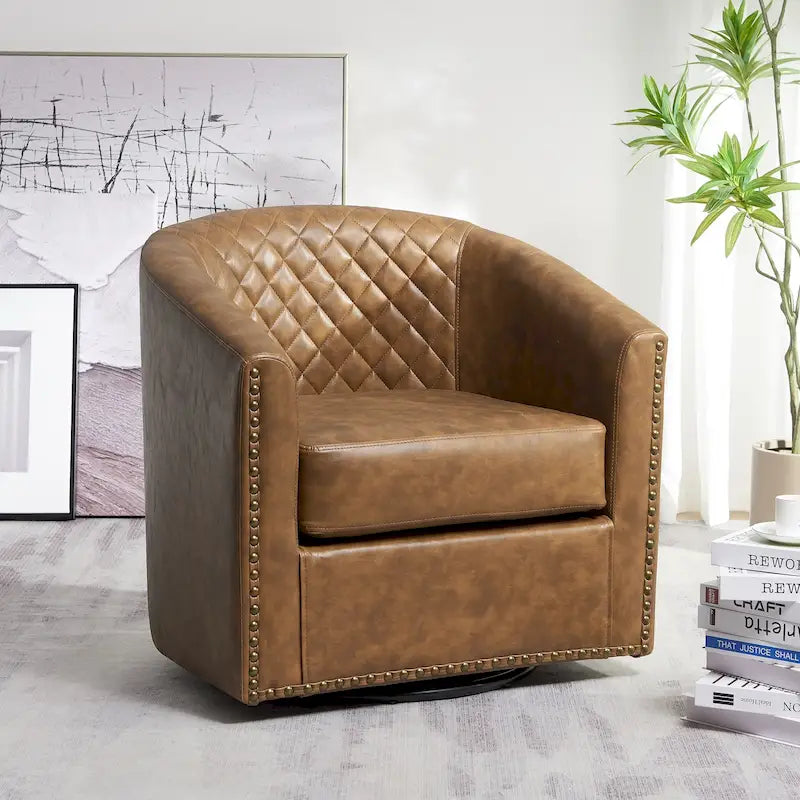 29 Wide Tufted PU Leather Swivel Barrel Chair
