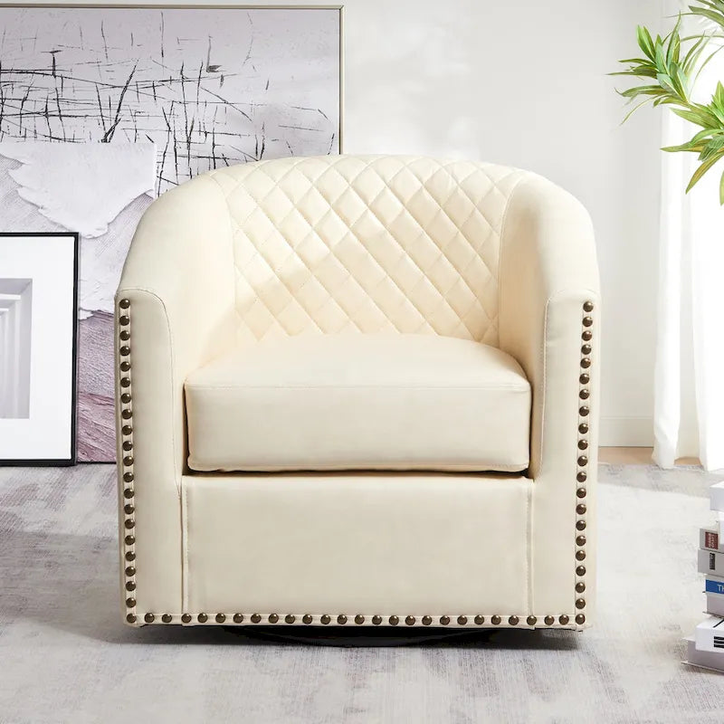 KINWELL 29 Wide Tufted PU Leather Swivel Barrel Chair
