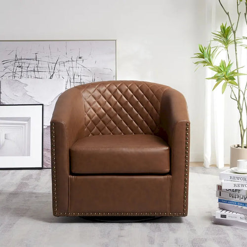 29 Wide Tufted PU Leather Swivel Barrel Chair