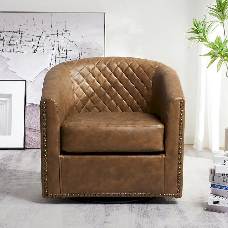 29 Wide Tufted PU Leather Swivel Barrel Chair