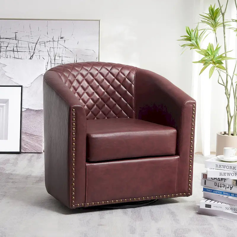 29 Wide Tufted PU Leather Swivel Barrel Chair