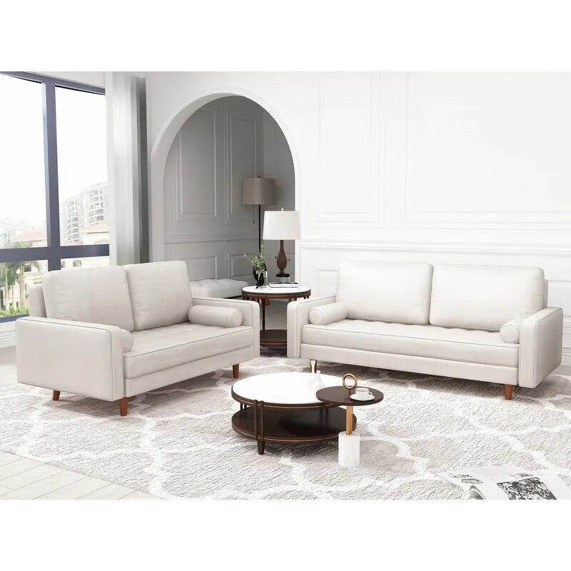 2 Piece Mid-Century Square Arm Leather Sofa Living Room Set - Sofa Width:70 &Loveseat Width:58