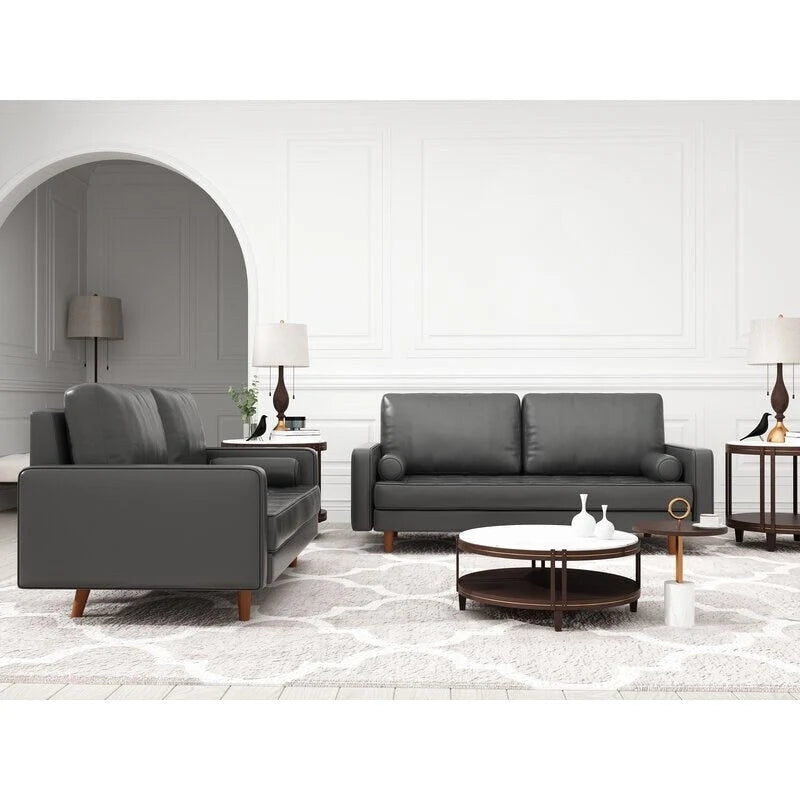 2 Piece Mid-Century Square Arm Leather Sofa Living Room Set - Sofa Width:70 &Loveseat Width:58