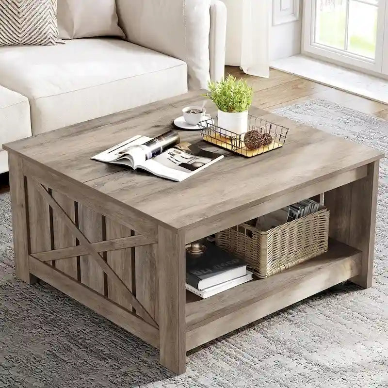Farmhouse Coffee Table with Storage for Living Room Square Center Table