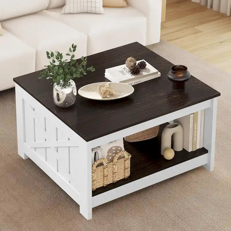 Farmhouse Coffee Table with Storage for Living Room Square Center Table
