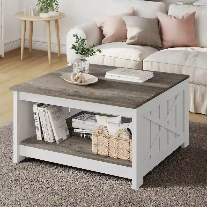 Farmhouse Coffee Table with Storage for Living Room Square Center Table