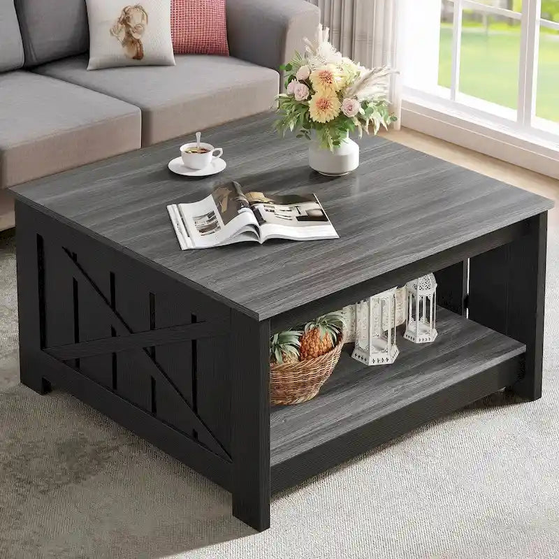 Farmhouse Coffee Table with Storage for Living Room Square Center Table